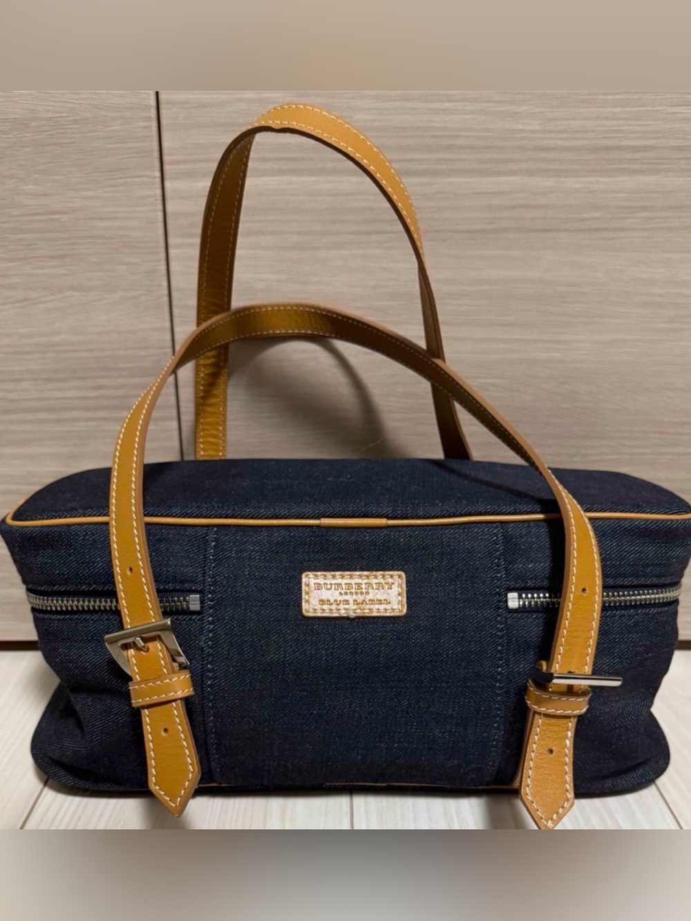 Burberry Blue Label Denim & Plaid Interior Indigo Blue & Brown Leather